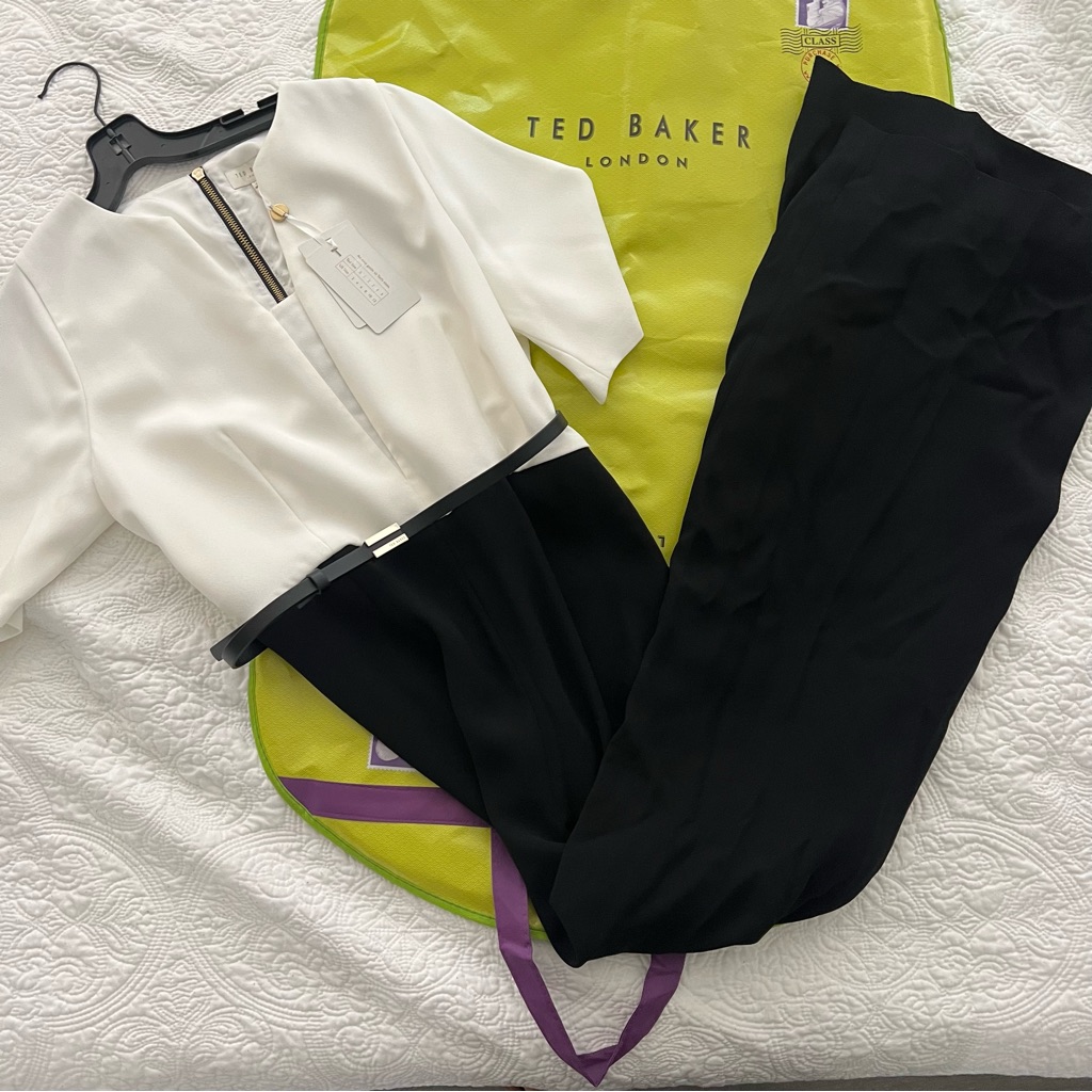 Ted Baker Jumpsuit Straight Leg Black White With Belt Nwt Size 10 W/ Garment Bag